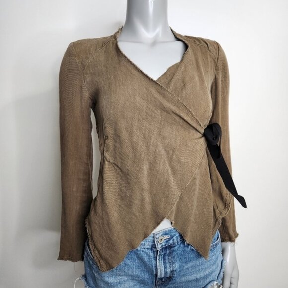 ZARA Woman Olive Green Loose Linen Jacket with Ribbon Tie Size XXS - Picture 13 of 14